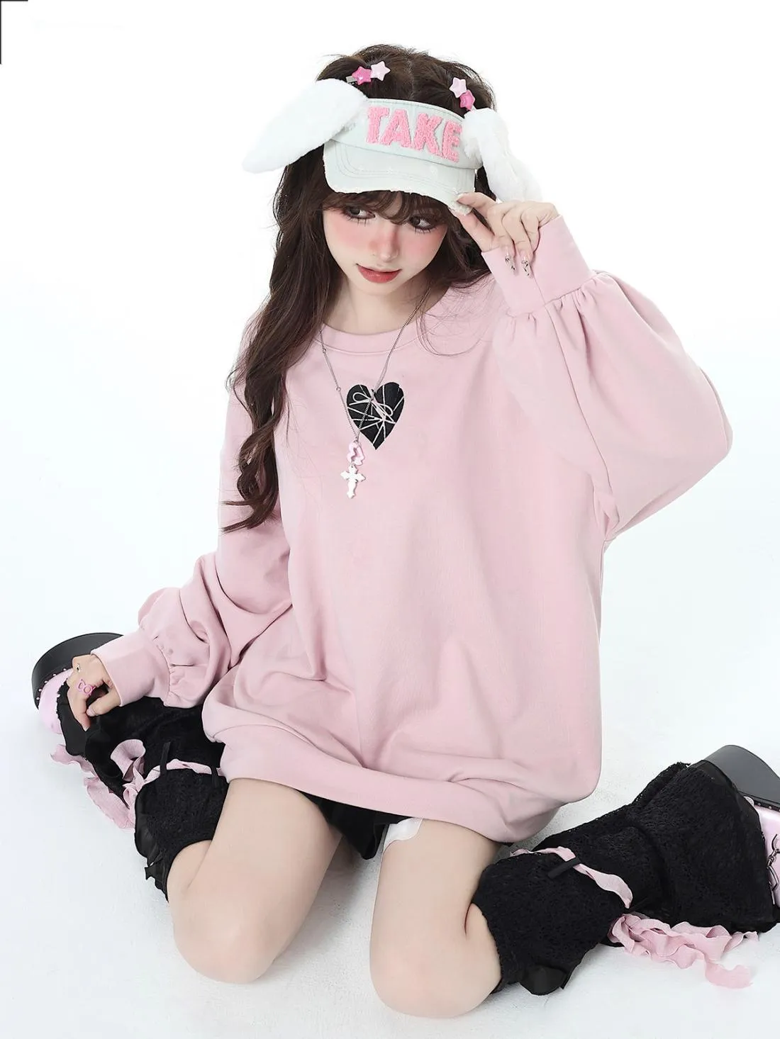 Bow Tie Heart Embroidery Loose Sweet Cool Hot Girl Casual All-Match Top Long-Sleeved Sweater