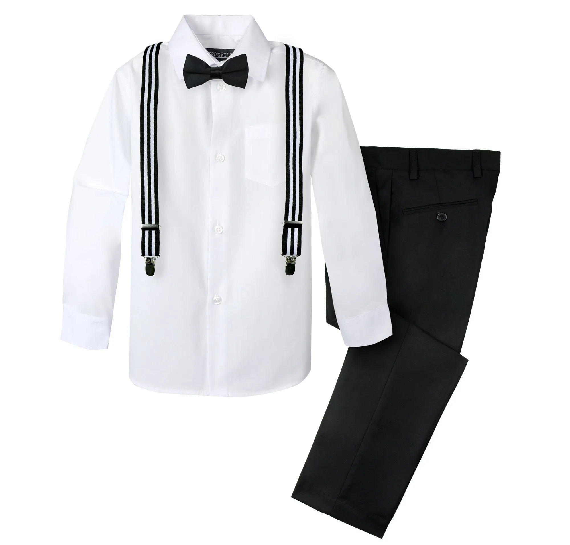 Boys' 4 Piece Suspenders Outfit, Black/White/Black w/White Stripes/Black