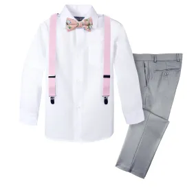 Boys' 4 Piece Suspenders Outfit with Floral Bow Tie, Light Grey/White/Light Pink/Light Pink 18