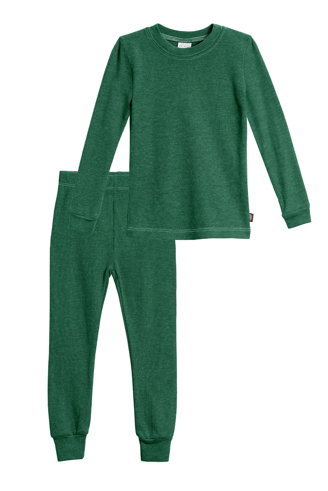 Boys Soft & Cozy Thermal 2-Piece Long Johns | Forest Green w- Baby Blue Stitch