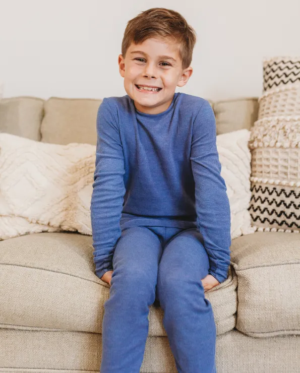 Boys Soft & Cozy Thermal 2-Piece Long Johns | Forest Green w- Baby Blue Stitch