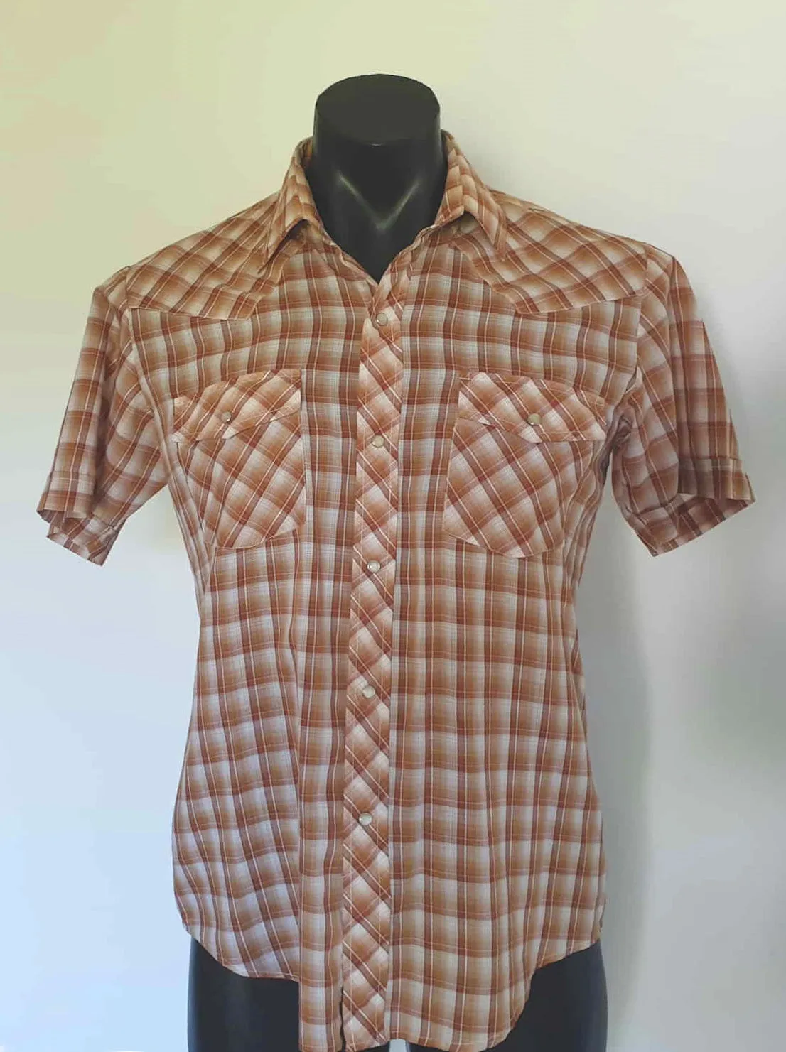 Brown Checked Western Style Shirt With Pearl Press Studs by Ambassador - M