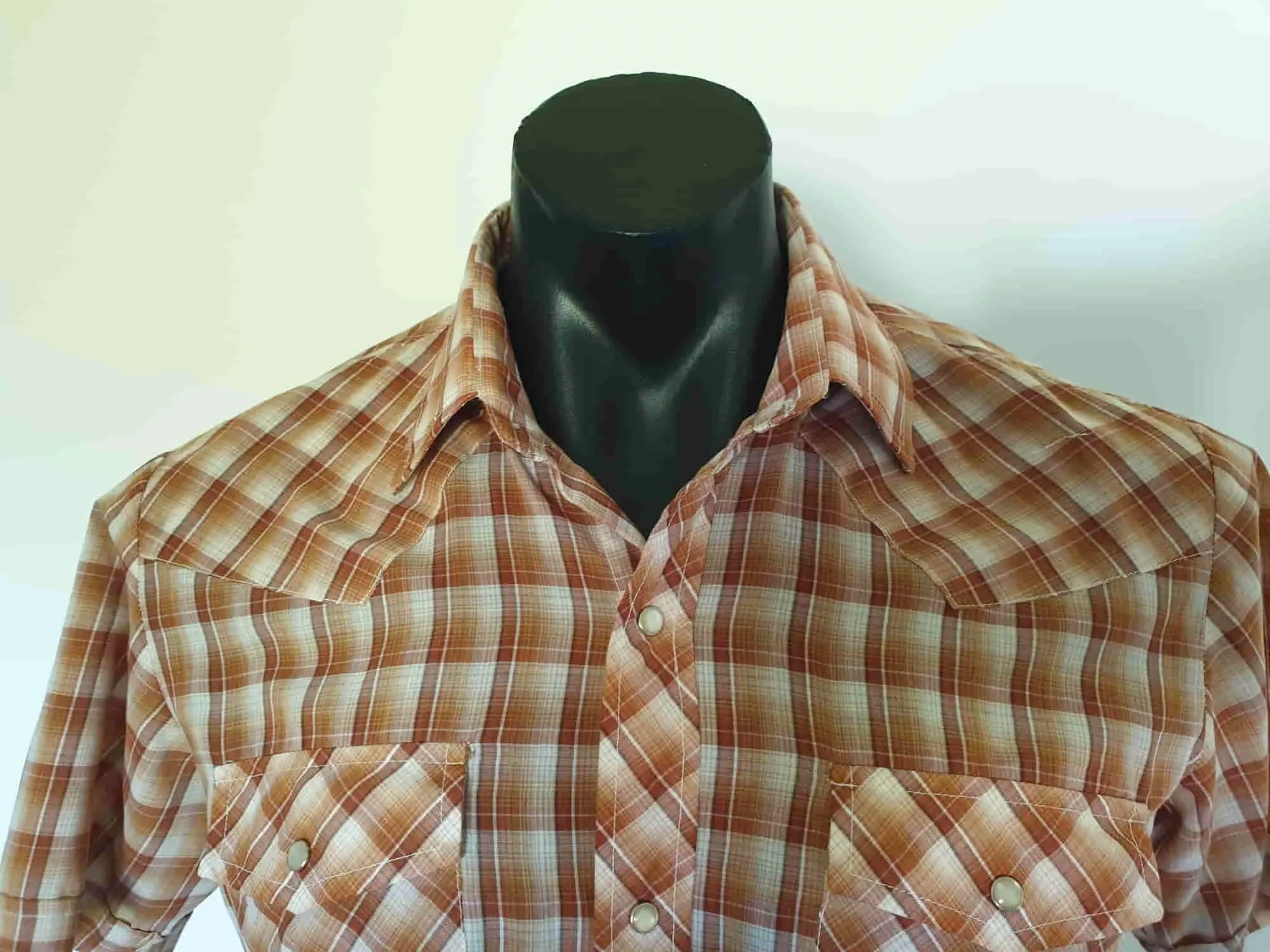 Brown Checked Western Style Shirt With Pearl Press Studs by Ambassador - M