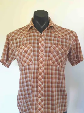 Brown Checked Western Style Shirt With Pearl Press Studs by Ambassador - M