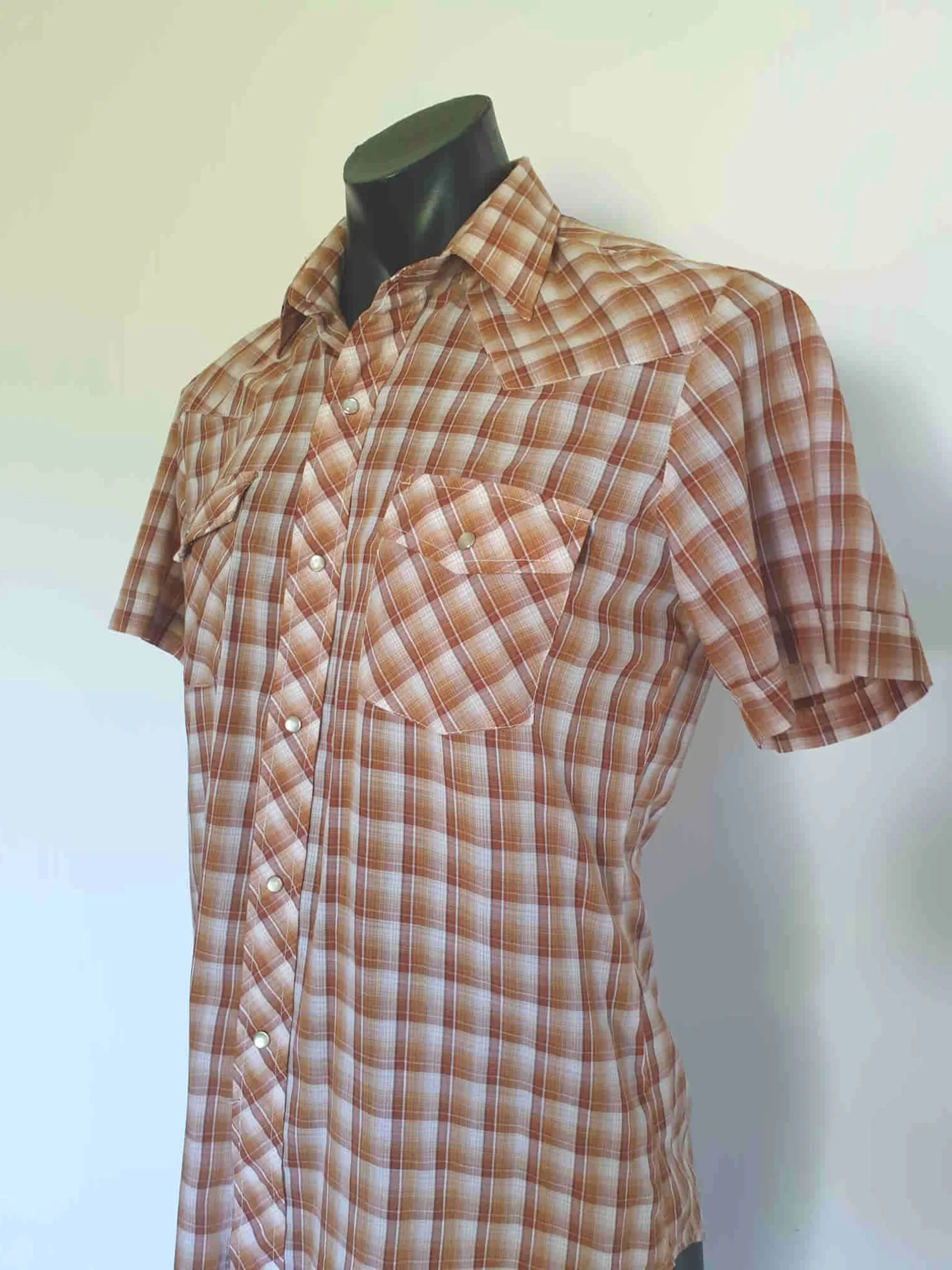 Brown Checked Western Style Shirt With Pearl Press Studs by Ambassador - M