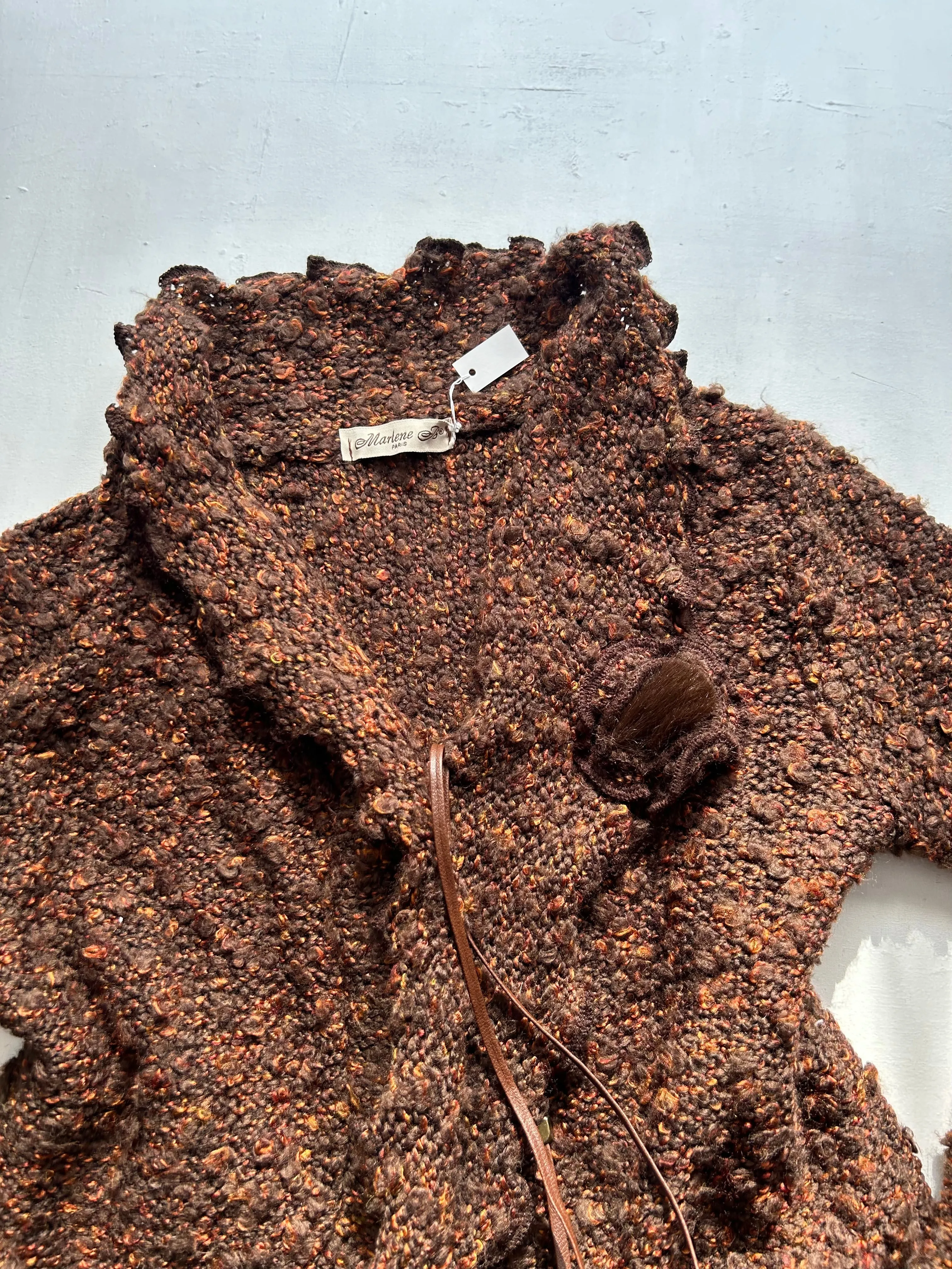 Brown lettuce hem  y2k 90s vintage tie up cardigan top (One size)