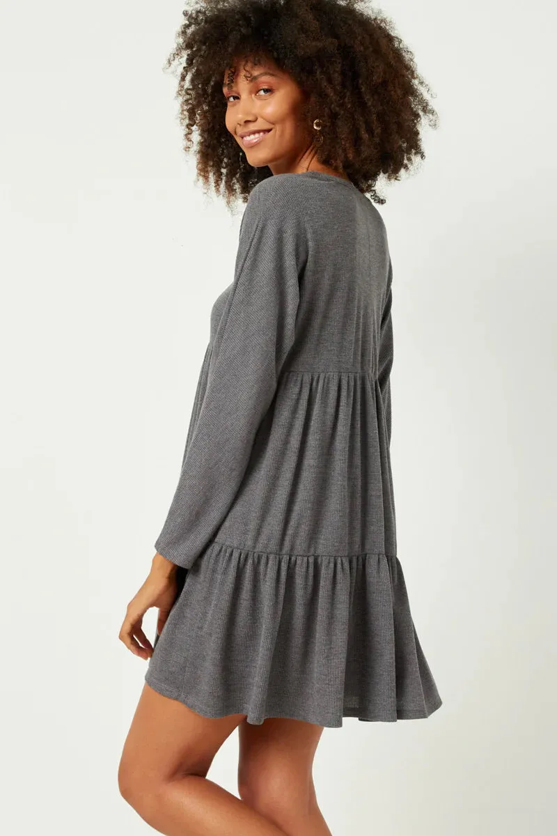 Buttoned Long Sleeve Waffle Knit Dress