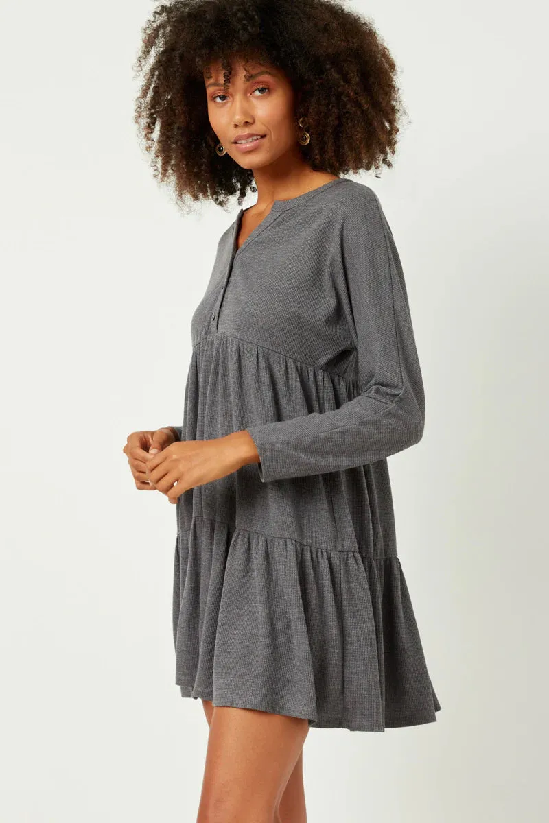 Buttoned Long Sleeve Waffle Knit Dress