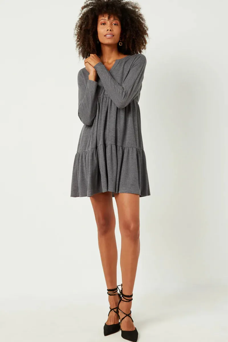 Buttoned Long Sleeve Waffle Knit Dress