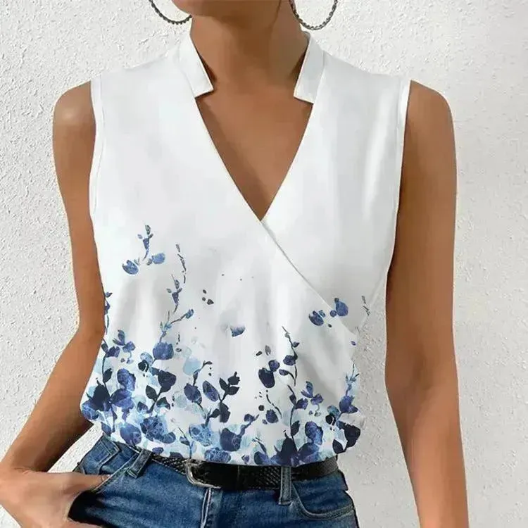 Casual Printed Tops Summer V-neck Sleeveless T-shirt Womens Clothing