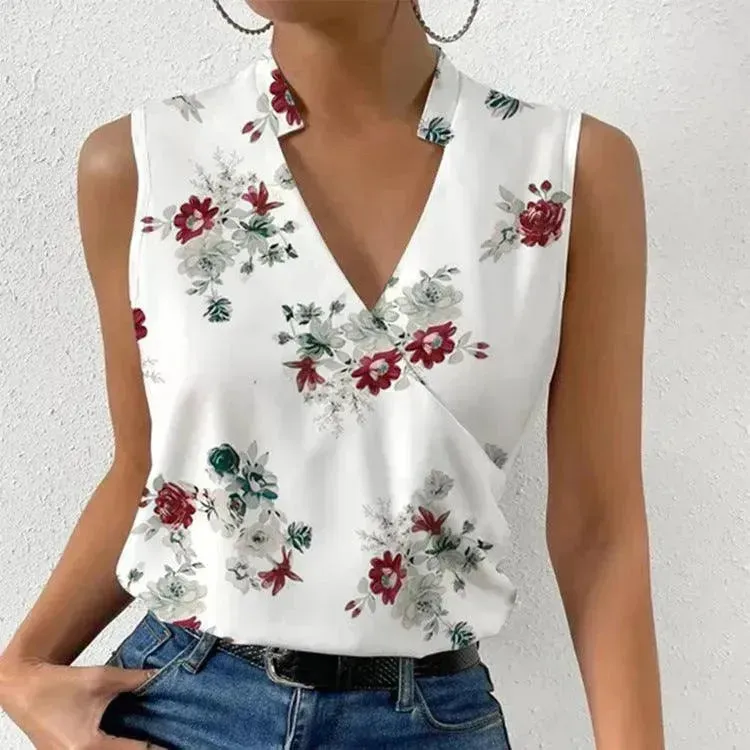 Casual Printed Tops Summer V-neck Sleeveless T-shirt Womens Clothing