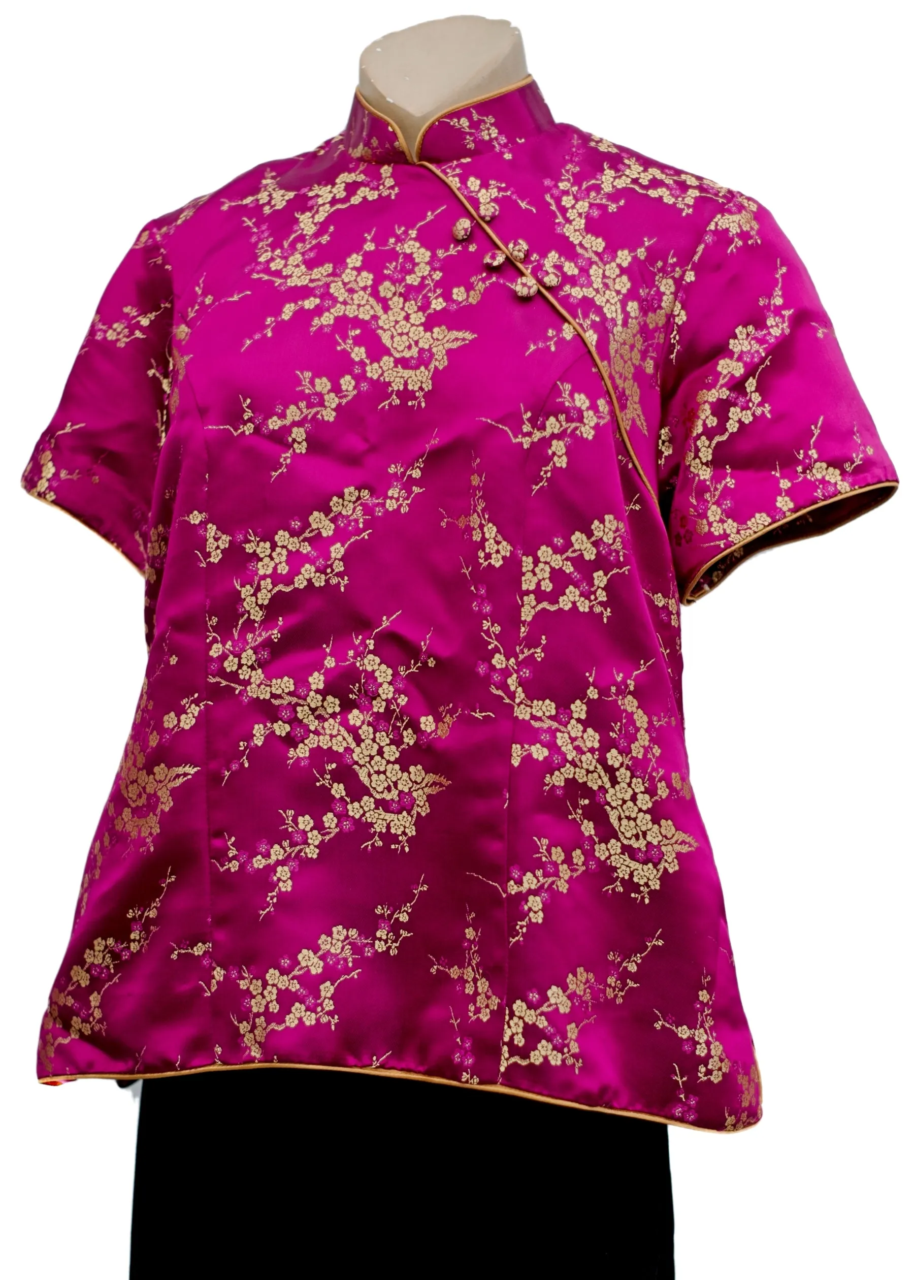 Cerise Pink Gold Satin Brocade Cheongsam Style Blouse