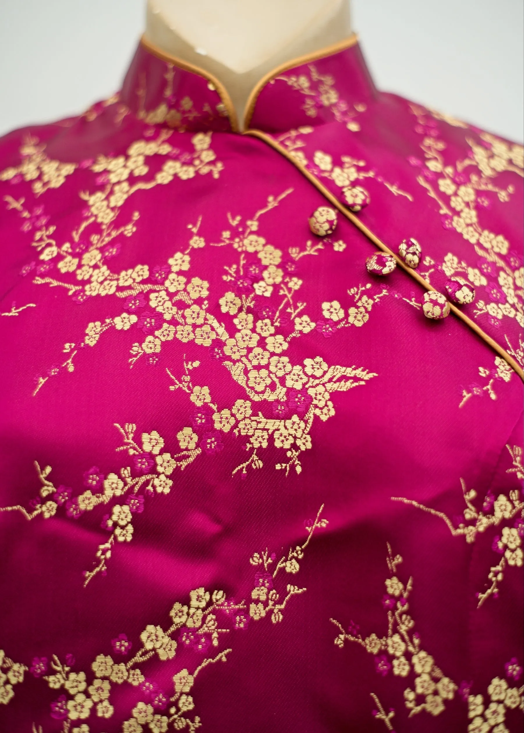 Cerise Pink Gold Satin Brocade Cheongsam Style Blouse