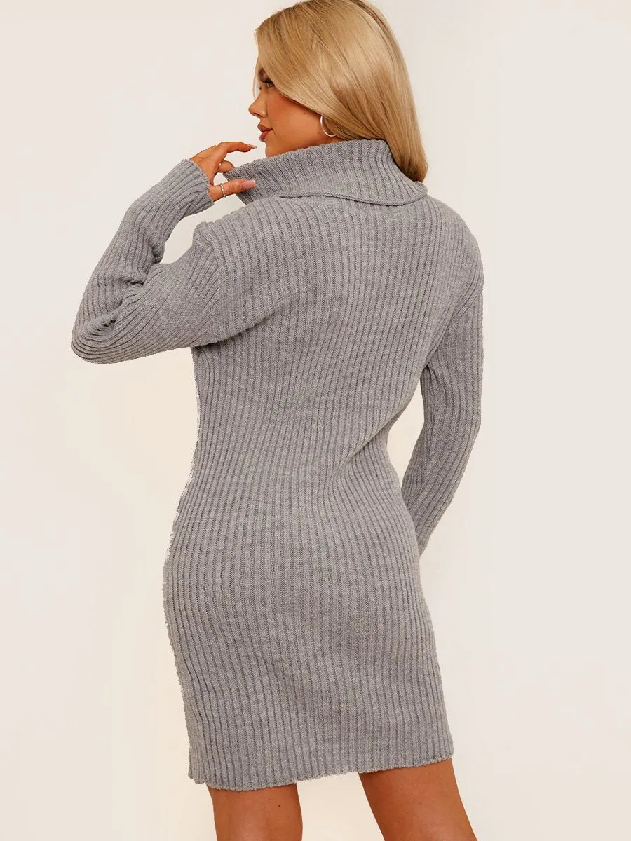 Charley Ribbed Knitted Roll Neck Bodycon Dress In Grey