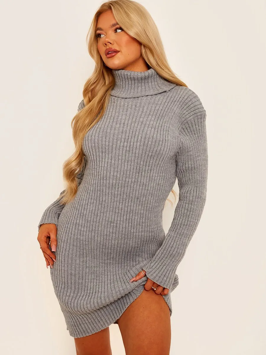 Charley Ribbed Knitted Roll Neck Bodycon Dress In Grey