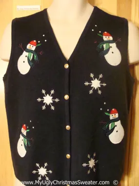 Cheesy Black Christmas Sweater Vest with Floating Snowmen