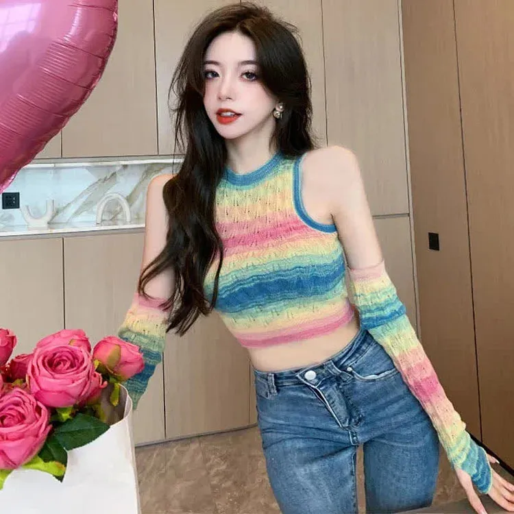 Chic Rainbow Striped Colorblock Crop Top With Sleeves