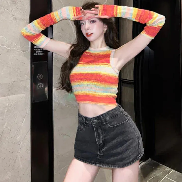 Chic Rainbow Striped Colorblock Crop Top With Sleeves