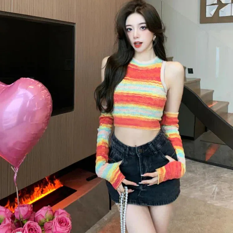 Chic Rainbow Striped Colorblock Crop Top With Sleeves