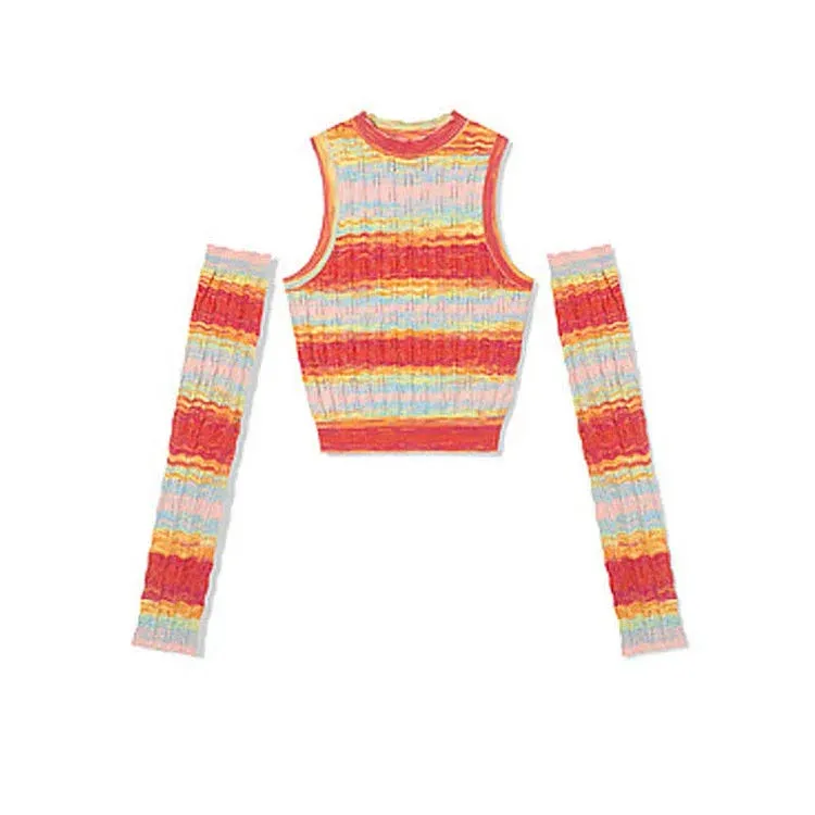 Chic Rainbow Striped Colorblock Crop Top With Sleeves