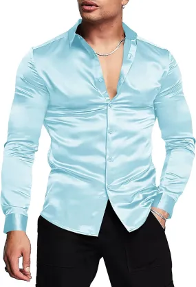 Cielo Men's Teal Button Up Shiny Long Sleeves Shirt Slim Fit Satin Material