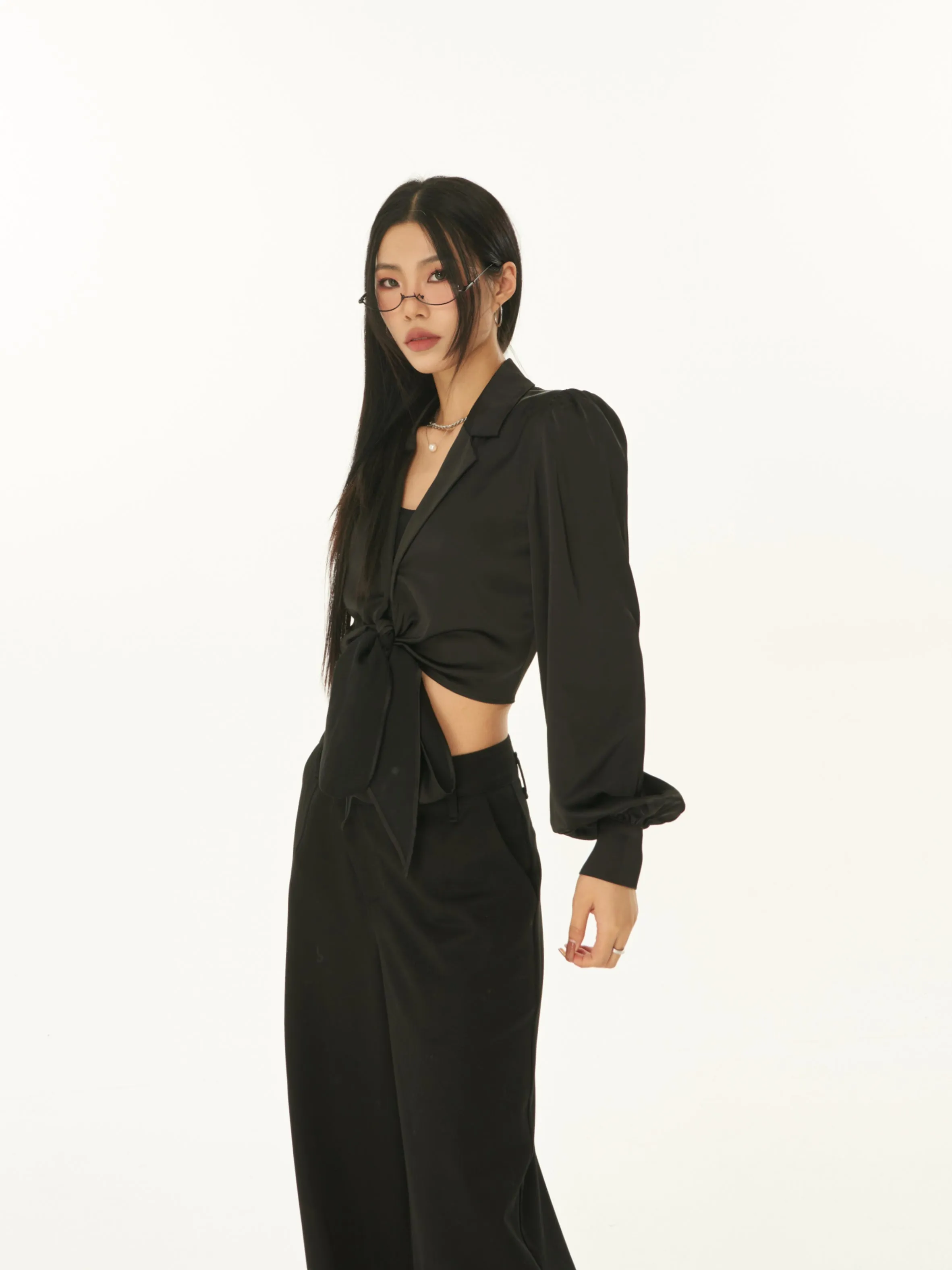 Cora Solid Color Black Chest Tie Long Sleeve Satin Top