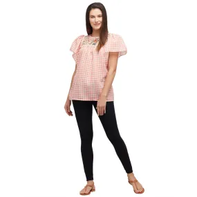 Coral Short Sleeves Checkered Top