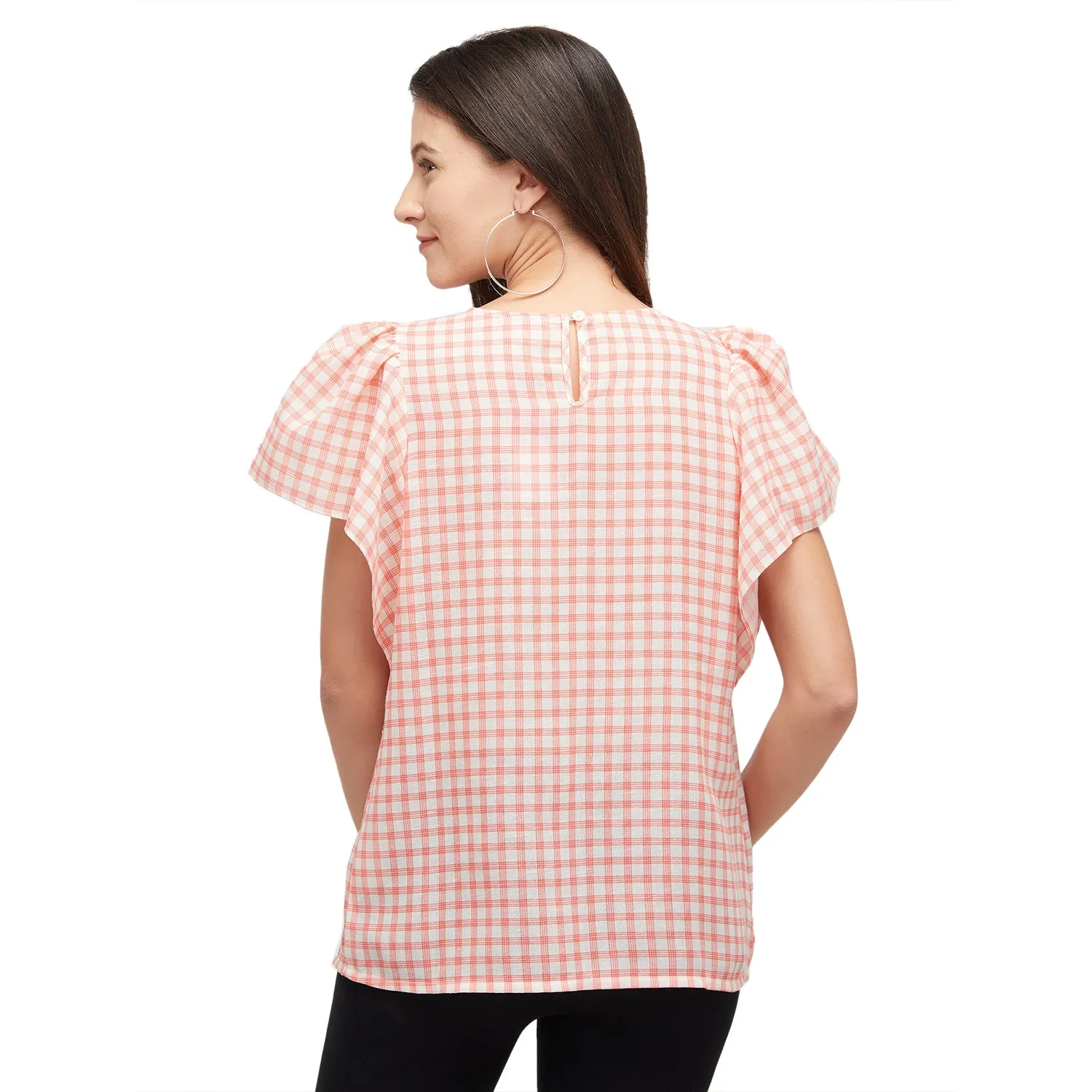 Coral Short Sleeves Checkered Top