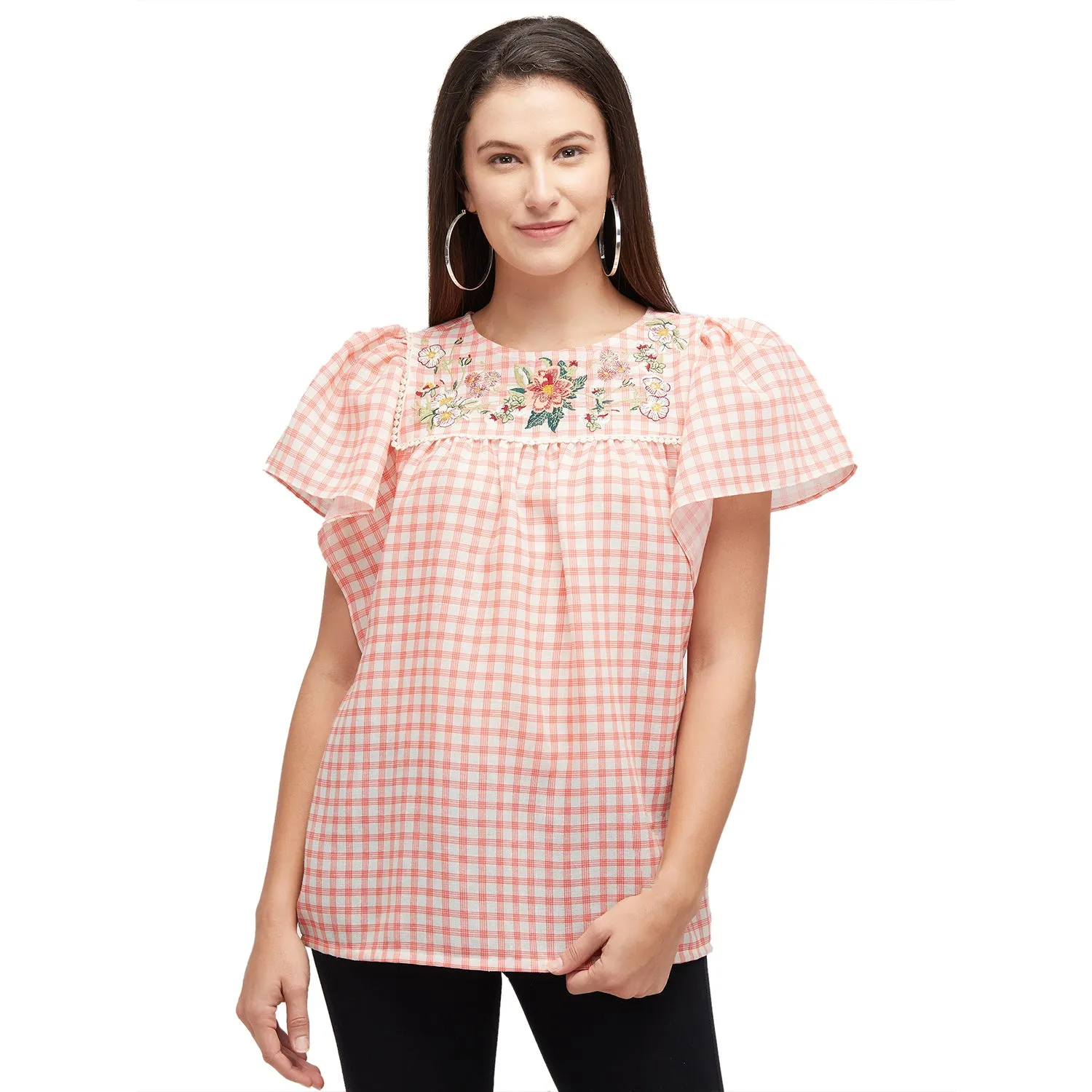 Coral Short Sleeves Checkered Top