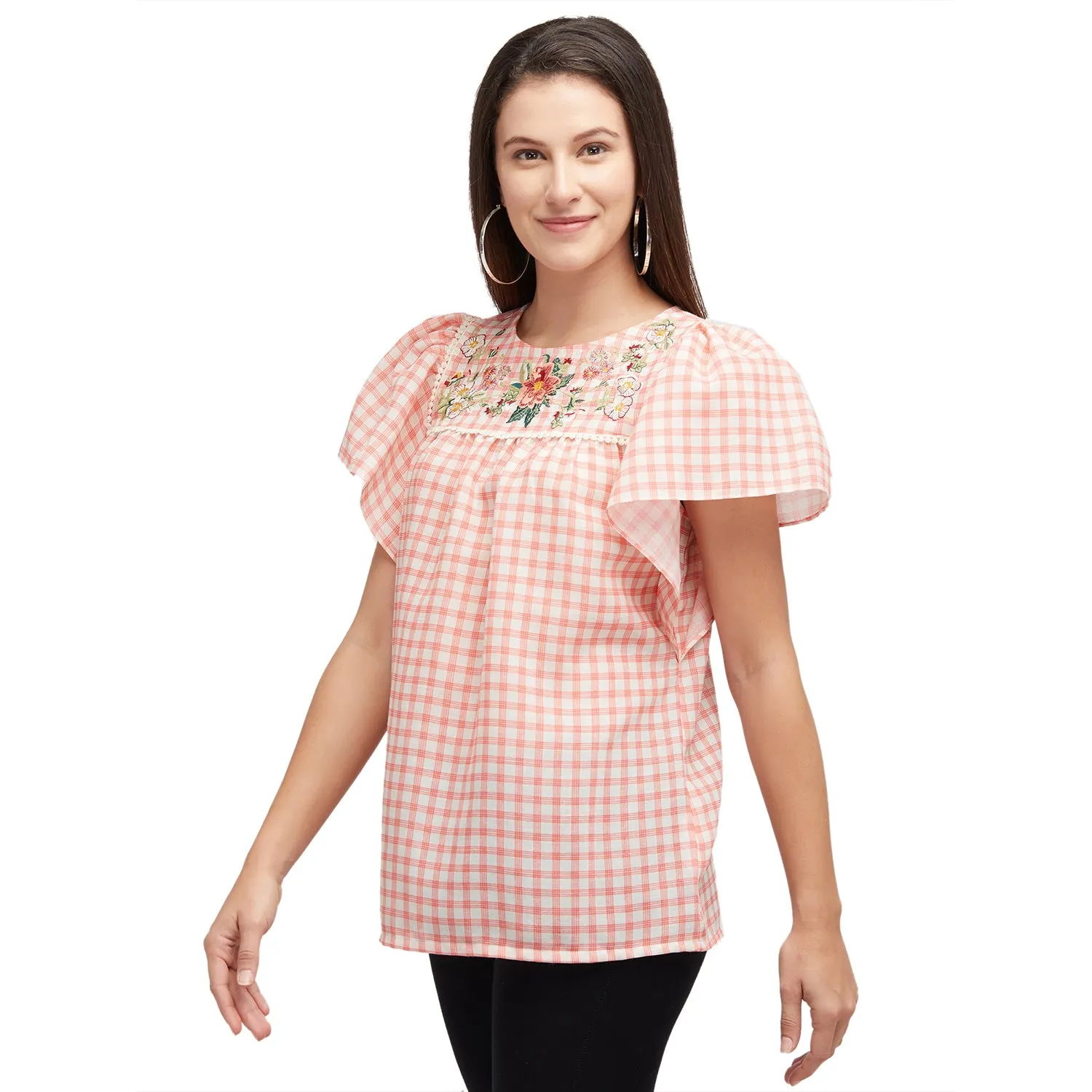 Coral Short Sleeves Checkered Top