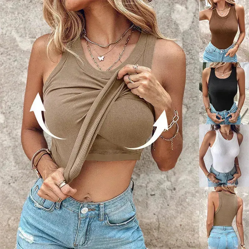 Cotton Round Neck Vest Top Summer Casual Solid Color Bottom Sleeveless Tank Top  For Women