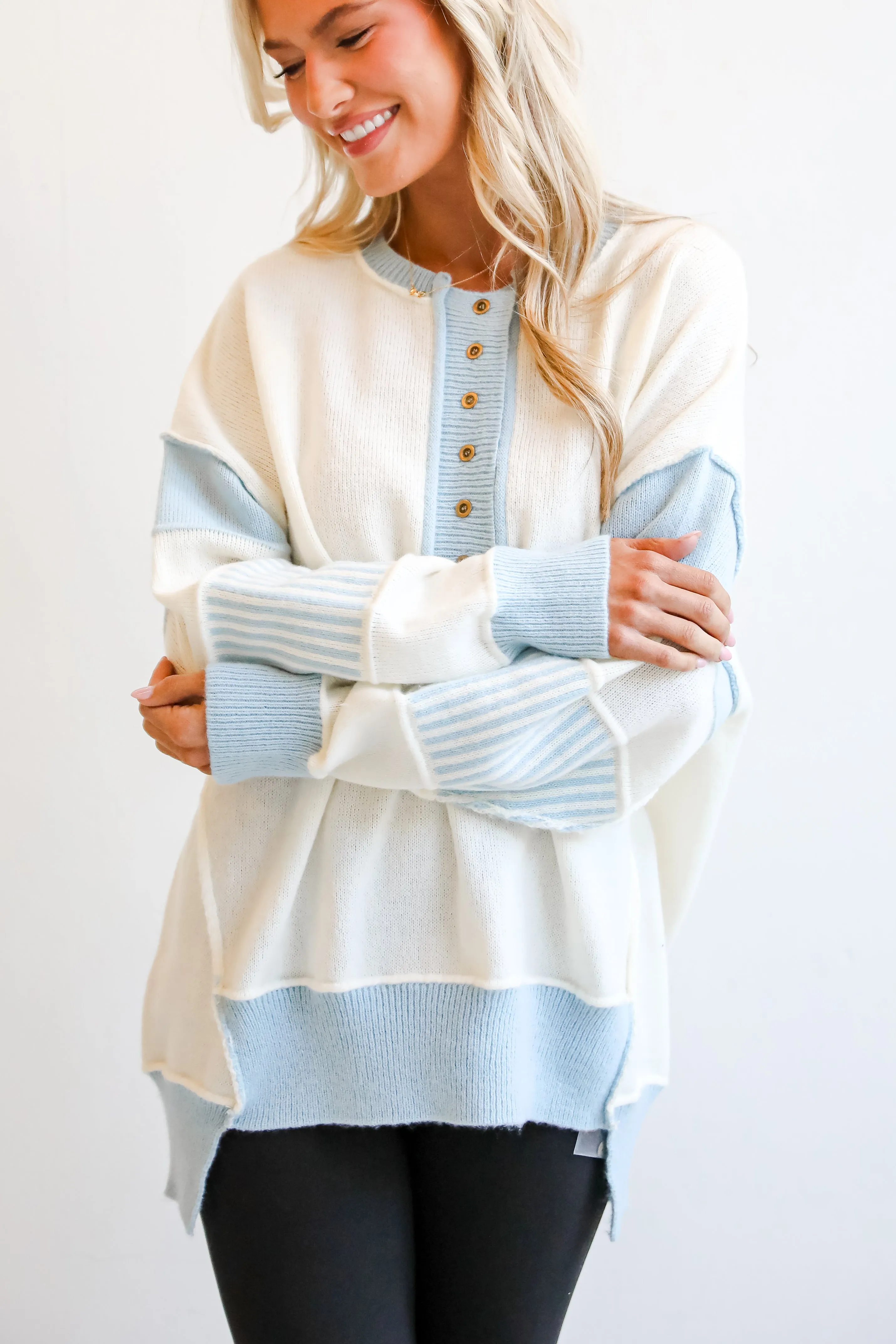 Coziest Babe Off White Color Block Oversized Sweater