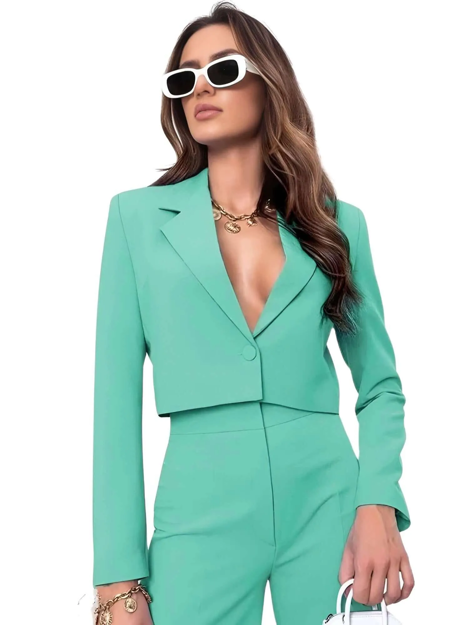 Cropped Blazer and Wide Leg Pants High Waisted 2-Piece Sets For Women