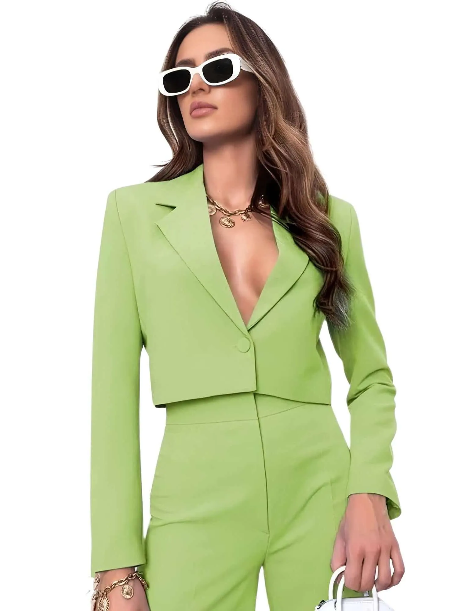 Cropped Blazer and Wide Leg Pants High Waisted 2-Piece Sets For Women