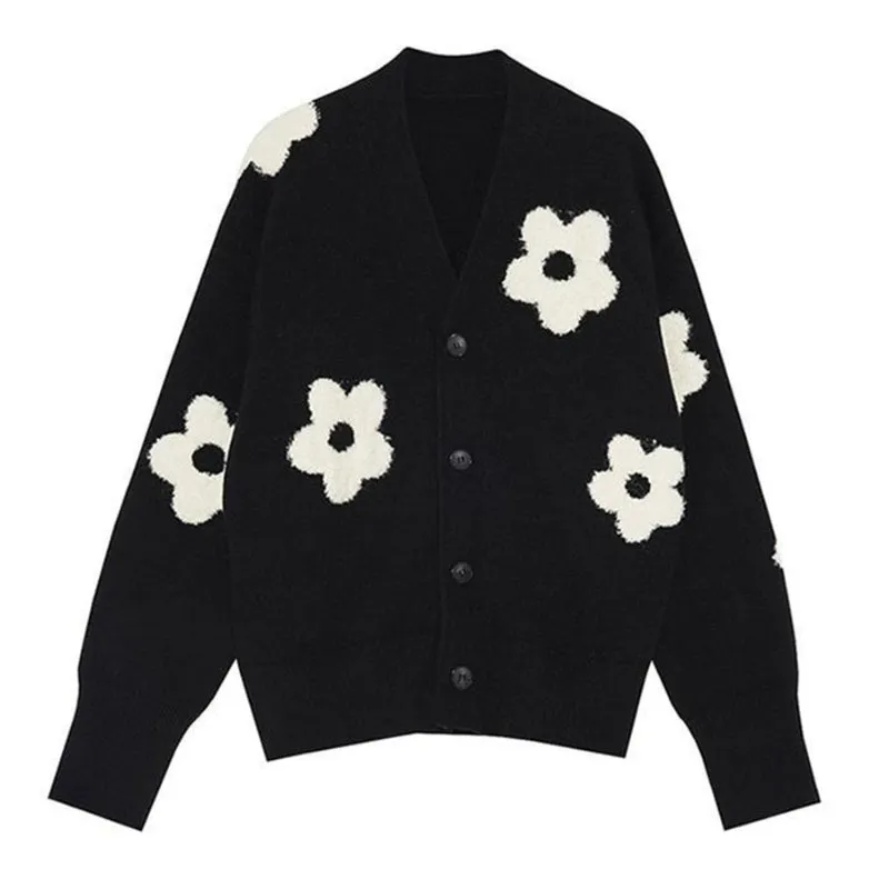 Custom Black Floral Cardigan Sweater - Women's Button-Down Knitwear