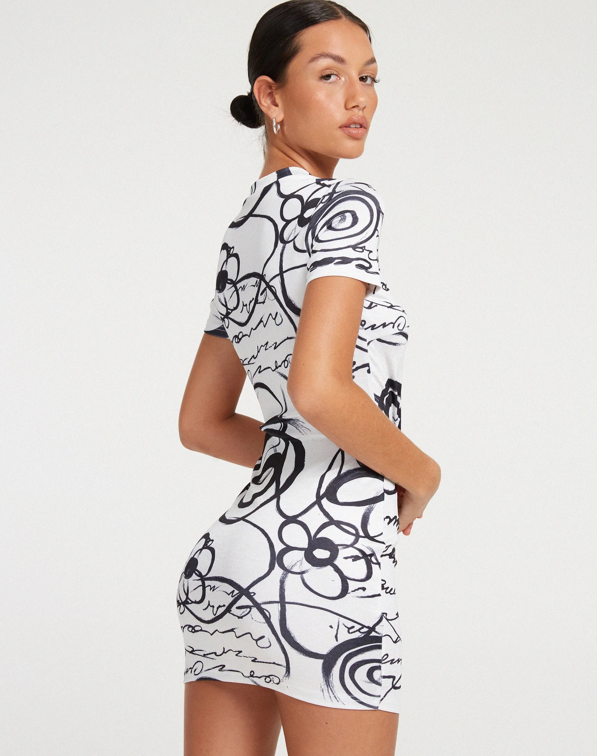 Dahara Mini Dress in Mono Doodle Black and White