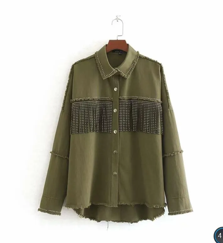 Denim Fringed Jacket Black Army Green Lavender Beige Red Or Ivory Studded Suede Fringe Frayed Edges Button Up Front Studs On Cuffs And Collar Too Available In Sizes XS Small Medium Or Large