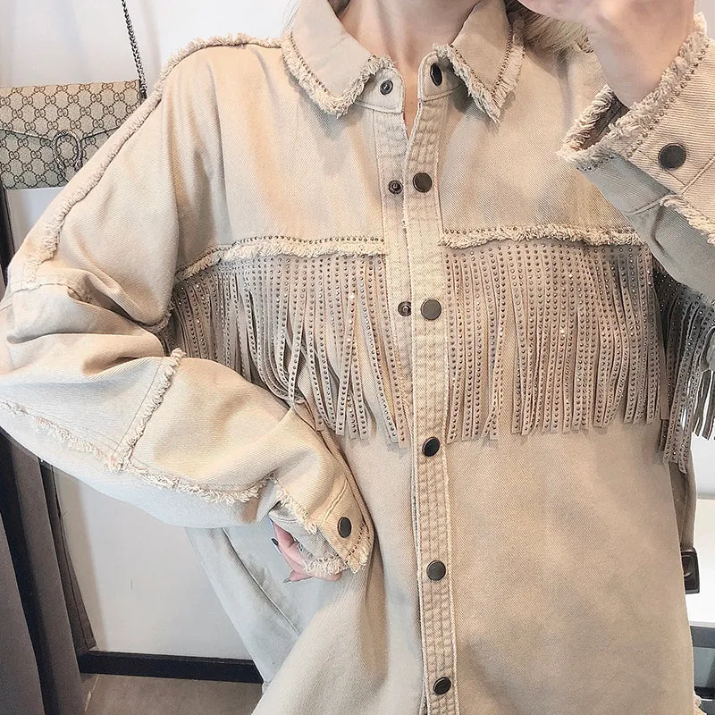 Denim Fringed Jacket Black Army Green Lavender Beige Red Or Ivory Studded Suede Fringe Frayed Edges Button Up Front Studs On Cuffs And Collar Too Available In Sizes XS Small Medium Or Large