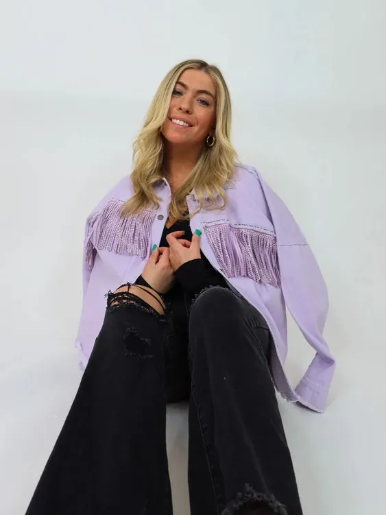 Denim Fringed Jacket Black Army Green Lavender Beige Red Or Ivory Studded Suede Fringe Frayed Edges Button Up Front Studs On Cuffs And Collar Too Available In Sizes XS Small Medium Or Large