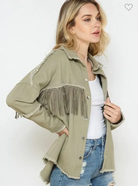 Denim Fringed Jacket Black Army Green Lavender Beige Red Or Ivory Studded Suede Fringe Frayed Edges Button Up Front Studs On Cuffs And Collar Too Available In Sizes XS Small Medium Or Large