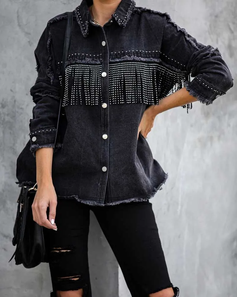 Denim Fringed Jacket Black Army Green Lavender Beige Red Or Ivory Studded Suede Fringe Frayed Edges Button Up Front Studs On Cuffs And Collar Too Available In Sizes XS Small Medium Or Large