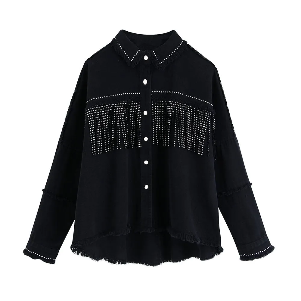 Denim Fringed Jacket Black Army Green Lavender Beige Red Or Ivory Studded Suede Fringe Frayed Edges Button Up Front Studs On Cuffs And Collar Too Available In Sizes XS Small Medium Or Large