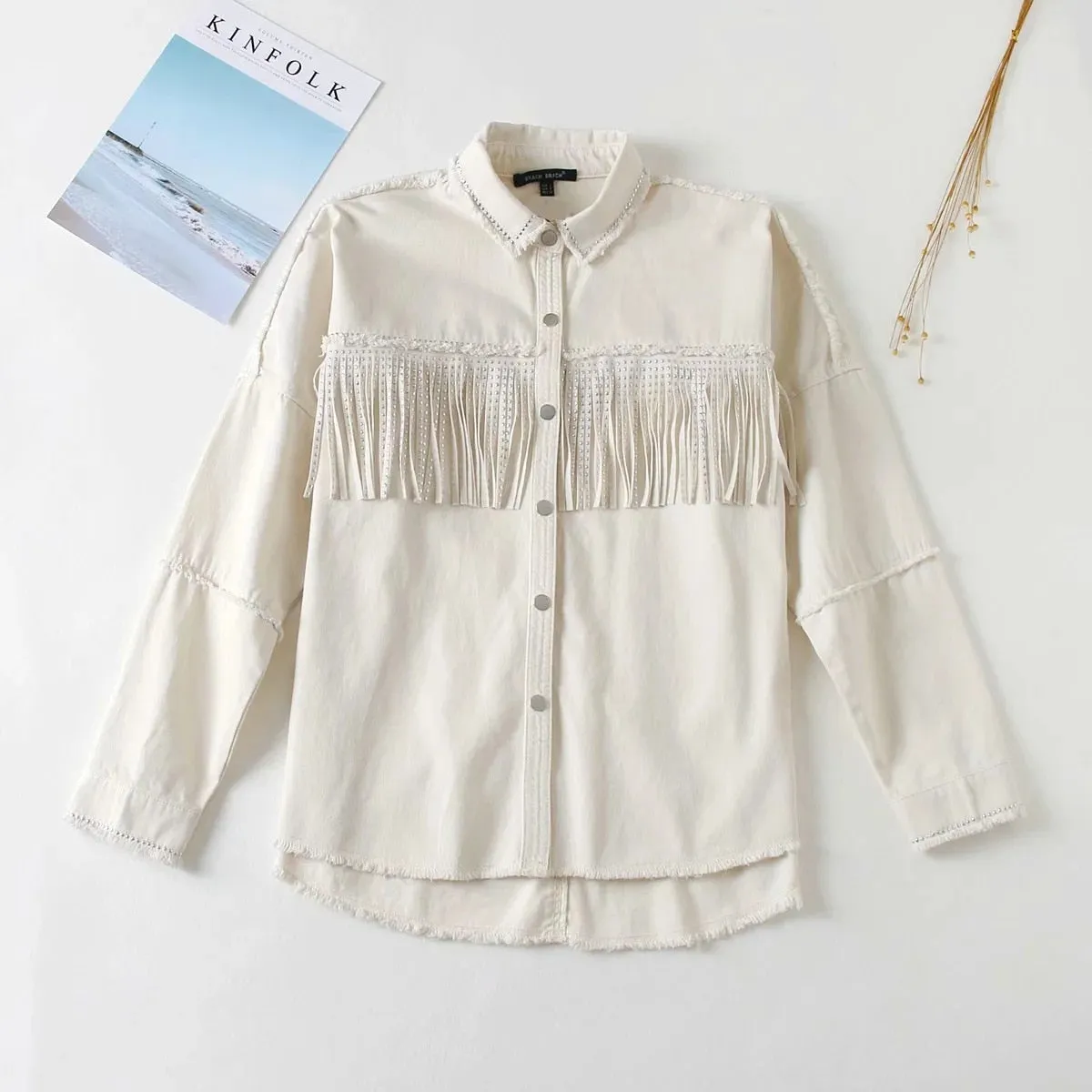 Denim Fringed Jacket Black Army Green Lavender Beige Red Or Ivory Studded Suede Fringe Frayed Edges Button Up Front Studs On Cuffs And Collar Too Available In Sizes XS Small Medium Or Large