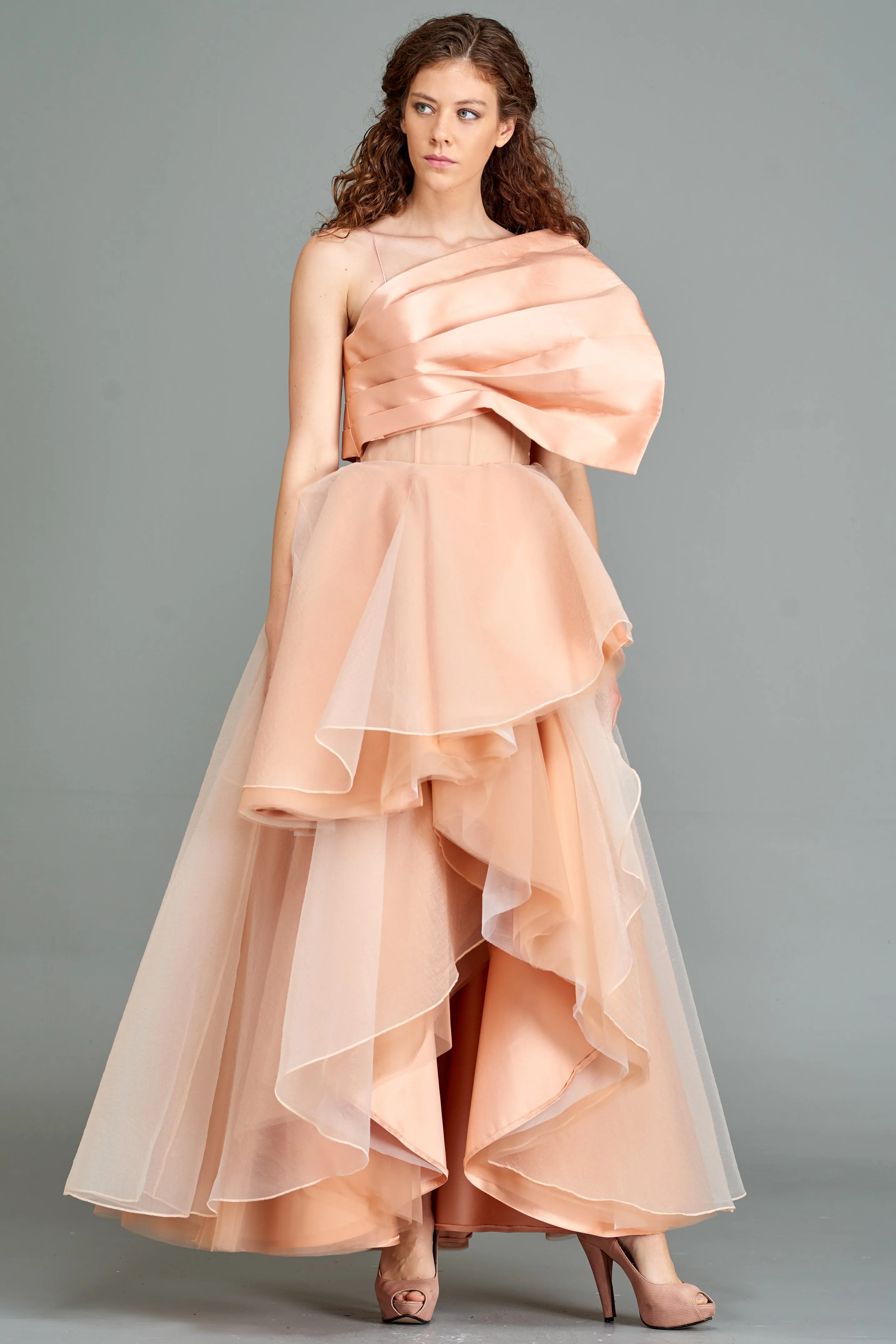 Draped Taffeta Bodice and Organza Layered Gown