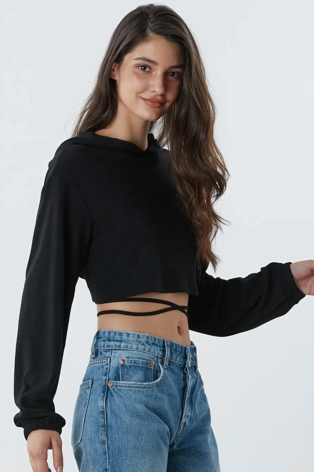 Drawstring Criss Cross Crop Hoodie