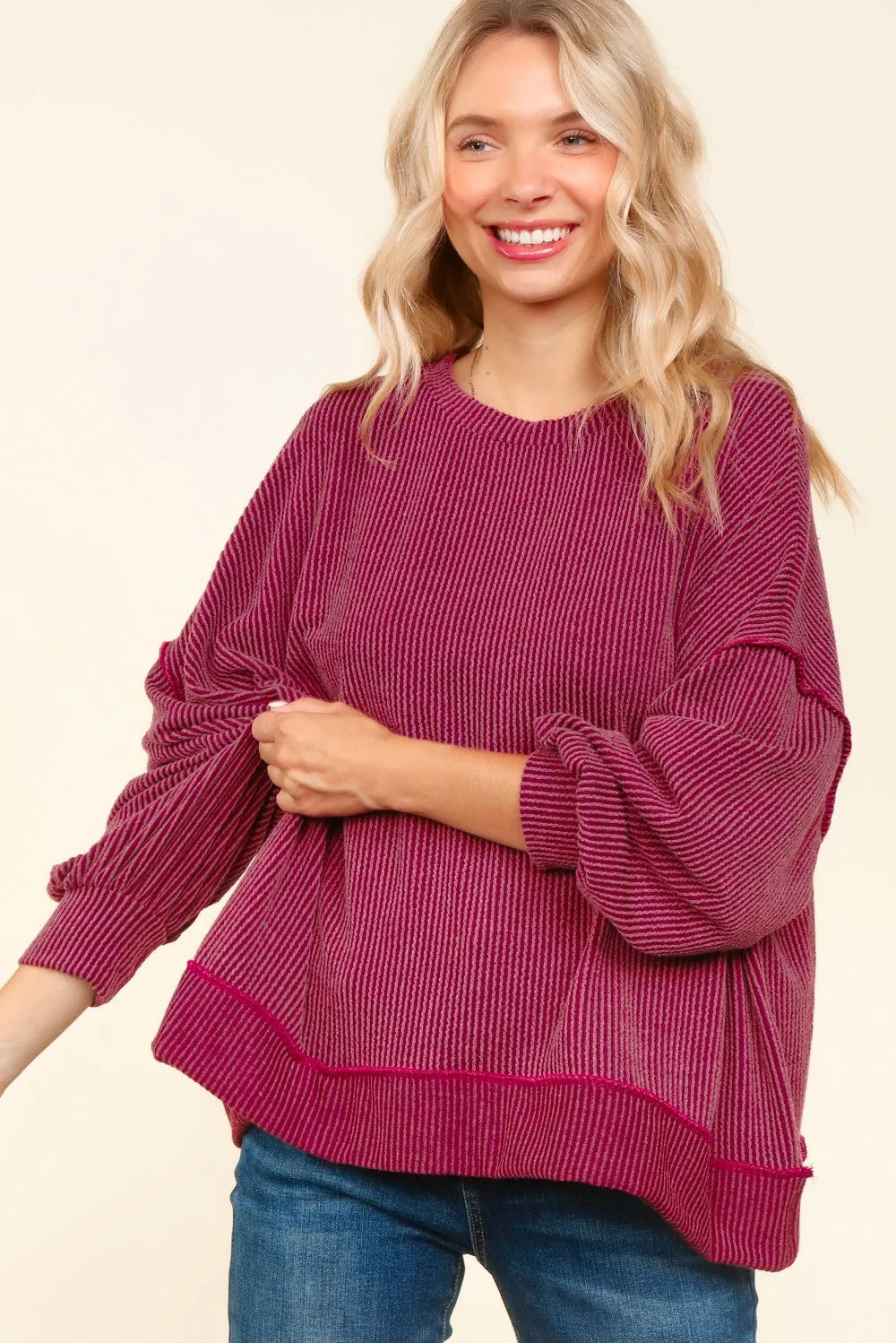 Drop Shoulder Ribbed Long Sleeve Reverse Knit Top - Wine