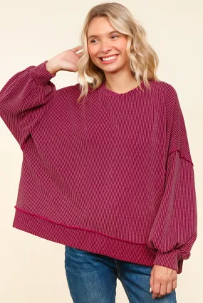 Drop Shoulder Ribbed Long Sleeve Reverse Knit Top - Wine