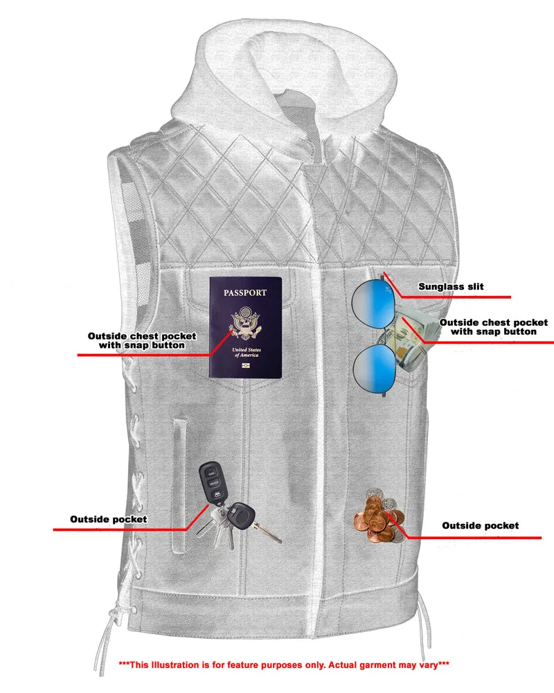 DS194 Men's Hooded US Flag Lining Leather Vest "The Road Edge"