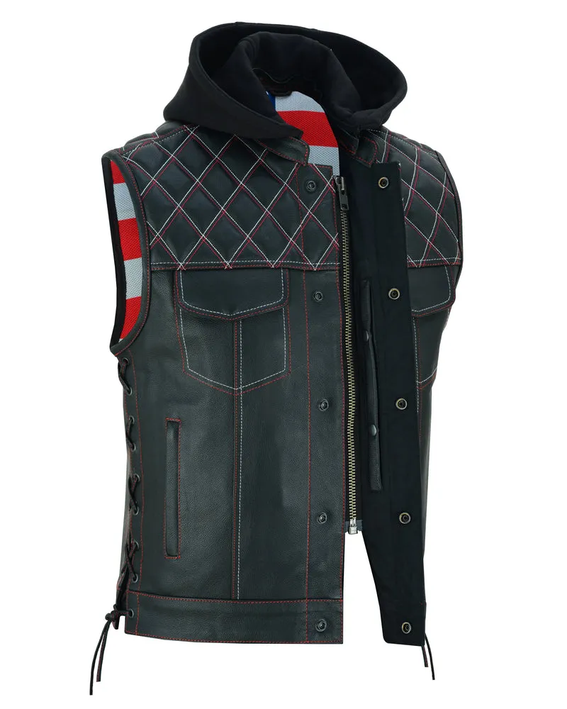 DS194 Men's Hooded US Flag Lining Leather Vest "The Road Edge"