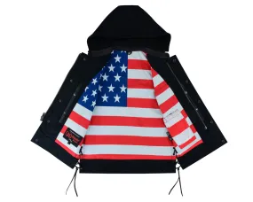 DS194 Men's Hooded US Flag Lining Leather Vest "The Road Edge"